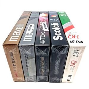 Lot of 5 Sealed VHS Tapes Maxell T-120 Fuji HQ 120 Scott T-120 TDK T-160 Vintage